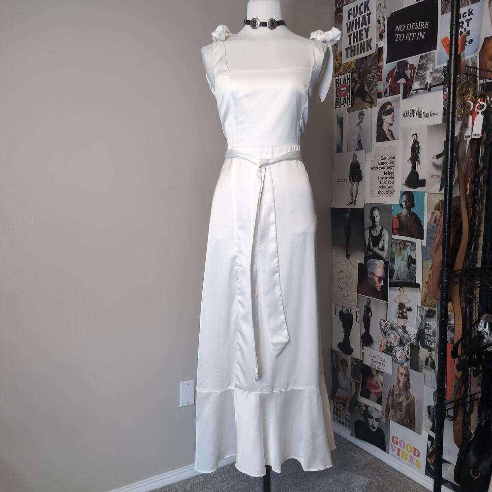Satin Tie Shoulder Smocked Back Glam Dress